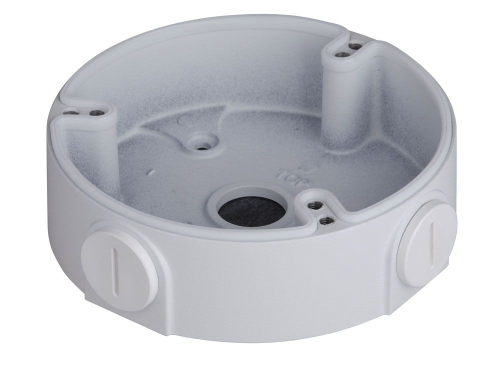 Witte ronde aluminium montagebox voor Dahua dome camera's met kabeldoorvoer en compact ontwerp.