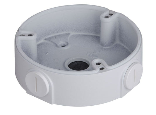 Witte ronde aluminium montagebox voor Dahua dome camera's met kabeldoorvoer en compact ontwerp.