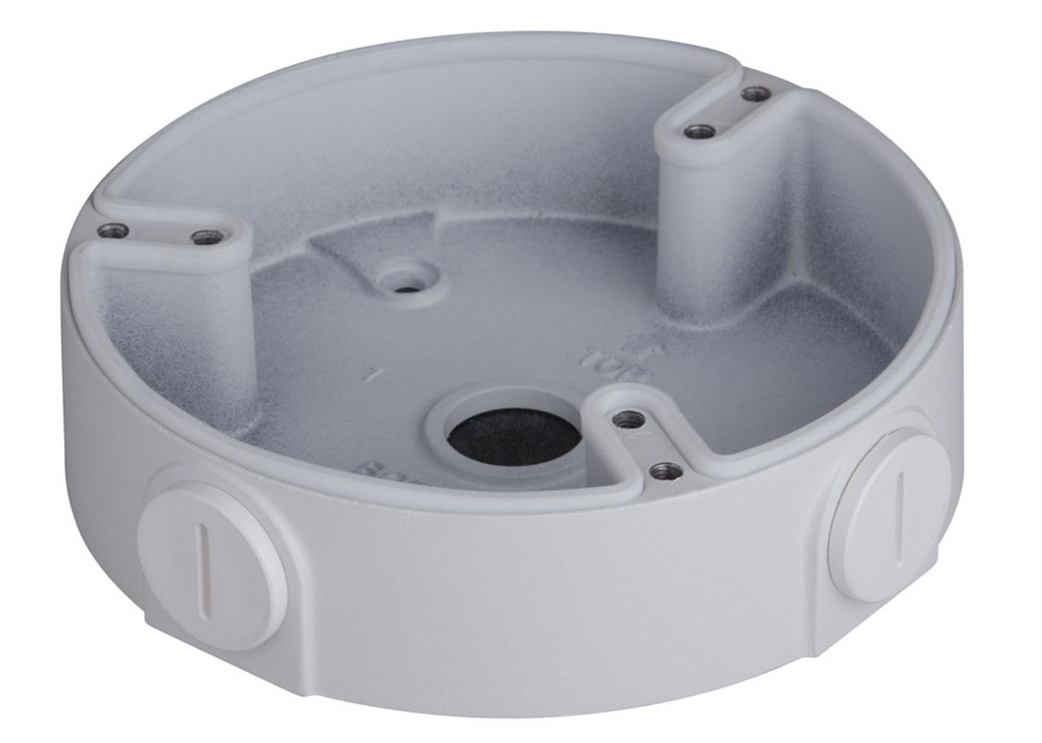 Witte aluminium Dahua PFA137 montagebox voor dome camera's met kabeldoorvoer en waterdicht ontwerp.