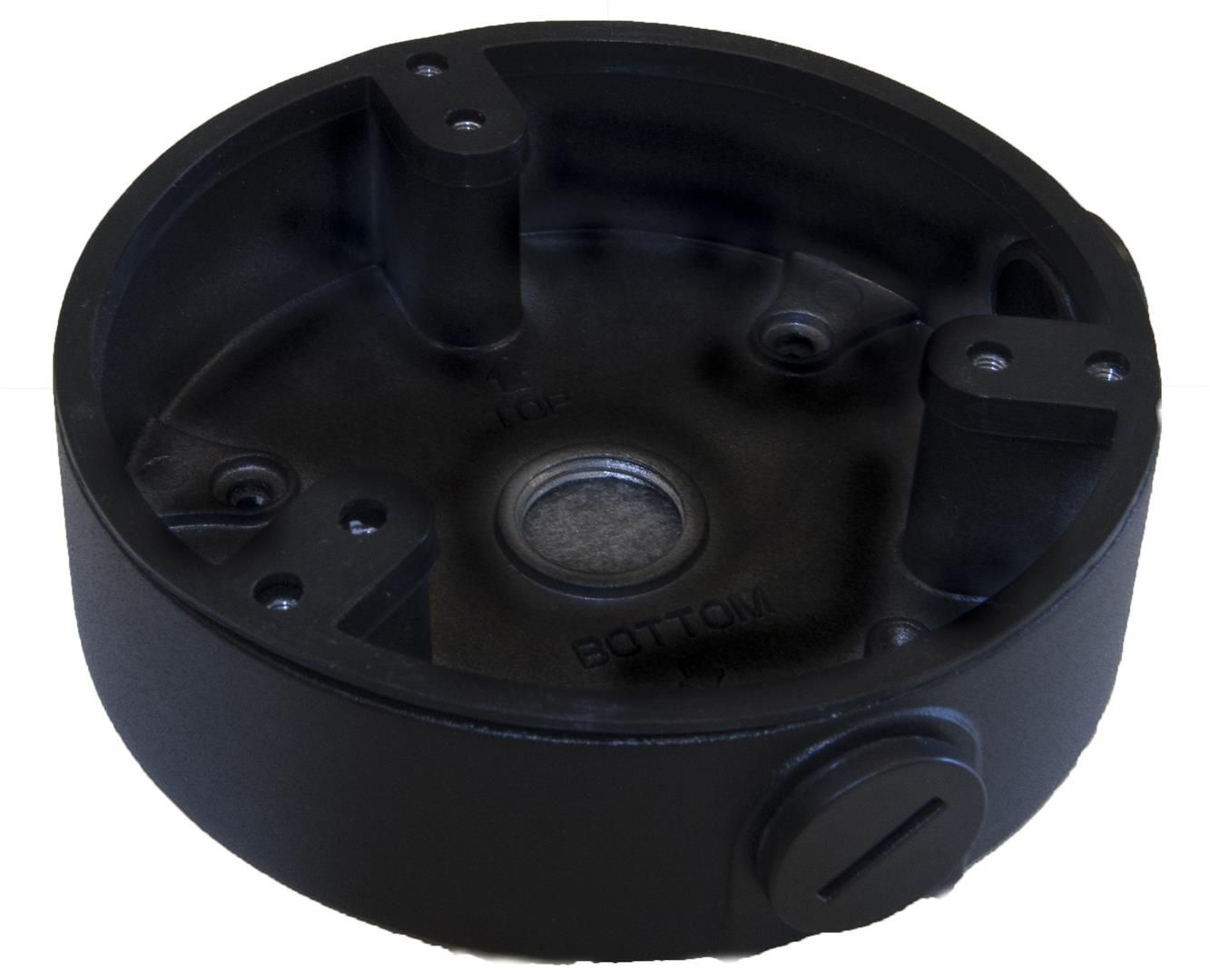 Zwarte, ronde aluminium montagebox voor Dahua dome camera's met kabeldoorvoer en waterdicht ontwerp.