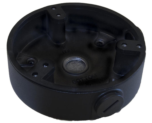 Zwarte, ronde aluminium montagebox voor Dahua dome camera's met kabeldoorvoer en waterdicht ontwerp.