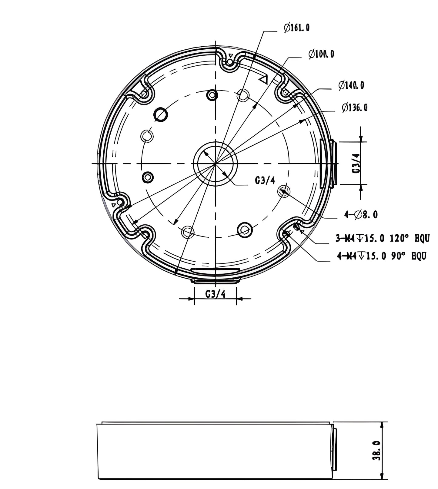 Technische lijntekening van de zwarte Dahua PFA138-B montagebox met afmetingen en montagepunten.
