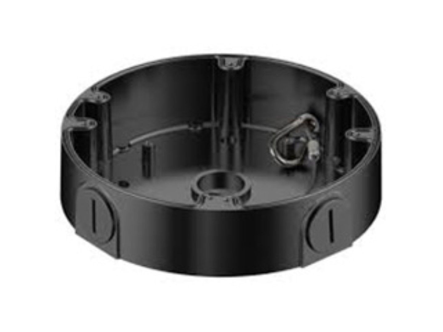 Zwarte ronde aluminium montagebox voor Dahua mini dome camera's met kabeldoorvoer.