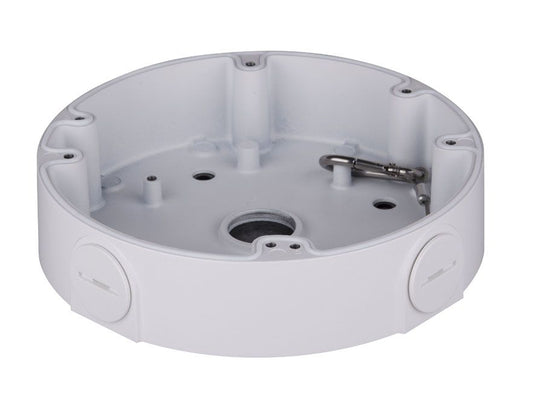 Witte, ronde Dahua PFA138A V2 aluminium aansluitdoos voor beveiligingscamera's met kabeldoorvoer.