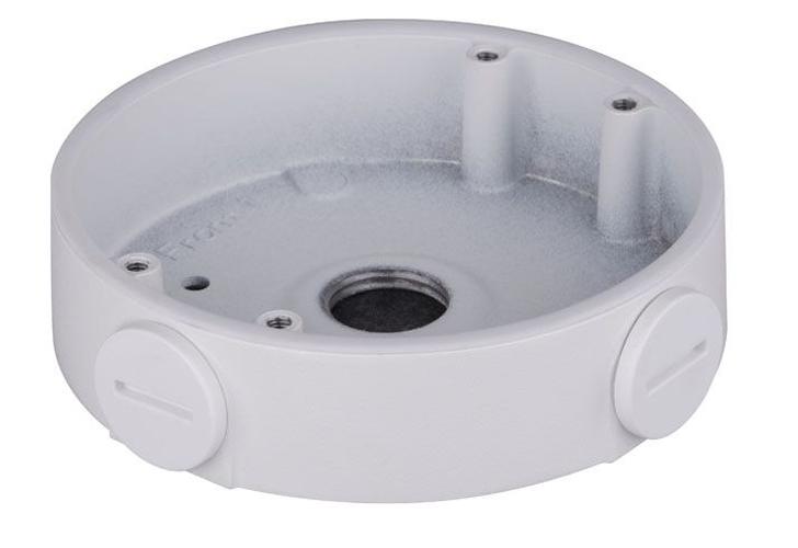 Witte, ronde aluminium montagebox voor Dahua dome camera's met kabeldoorvoer en weerbestendig ontwerp.