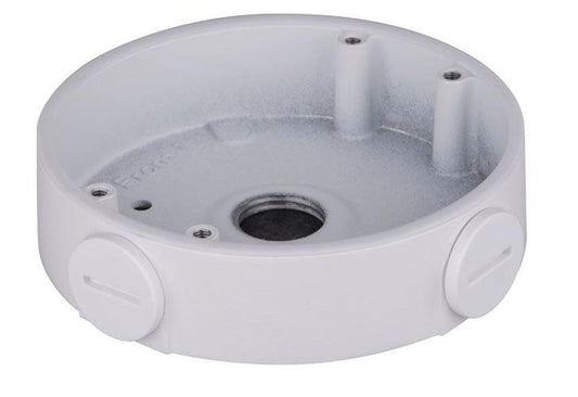Witte, ronde aluminium montagebox voor Dahua dome camera's met kabeldoorvoer en weerbestendig ontwerp.