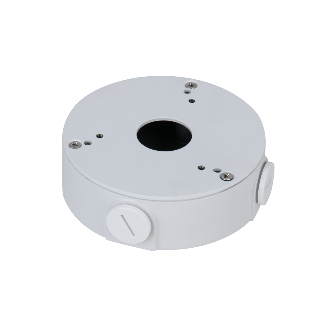 Witte aluminium Dahua PFA13G montagebox voor dome camera's met kabeldoorvoer en compact rond design.