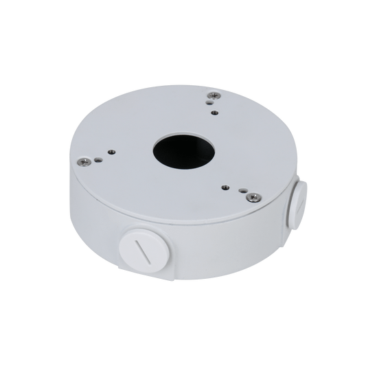 Witte aluminium Dahua PFA13G montagebox voor dome camera's met kabeldoorvoer en compact rond design.
