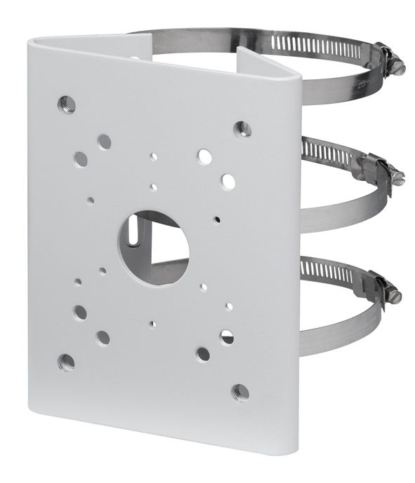 Witte Dahua PFA150 SECC paalmontagebeugel met drie metalen slangklemmen voor camerabevestiging.