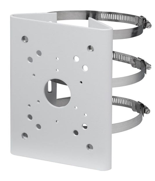 Witte Dahua PFA150 SECC paalmontagebeugel met drie metalen slangklemmen voor camerabevestiging.