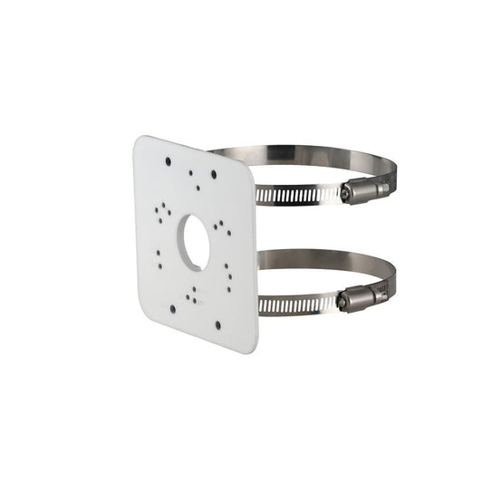 Witte Dahua PFA152-E paalmontagebeugel van SECC-staal met twee metalen bevestigingsringen voor cameramontage.