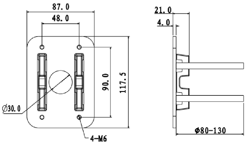 Technische tekening van de witte Dahua PFA152A-E paalmontagebeugel met afmetingen 117,5 x 87 x 21mm.