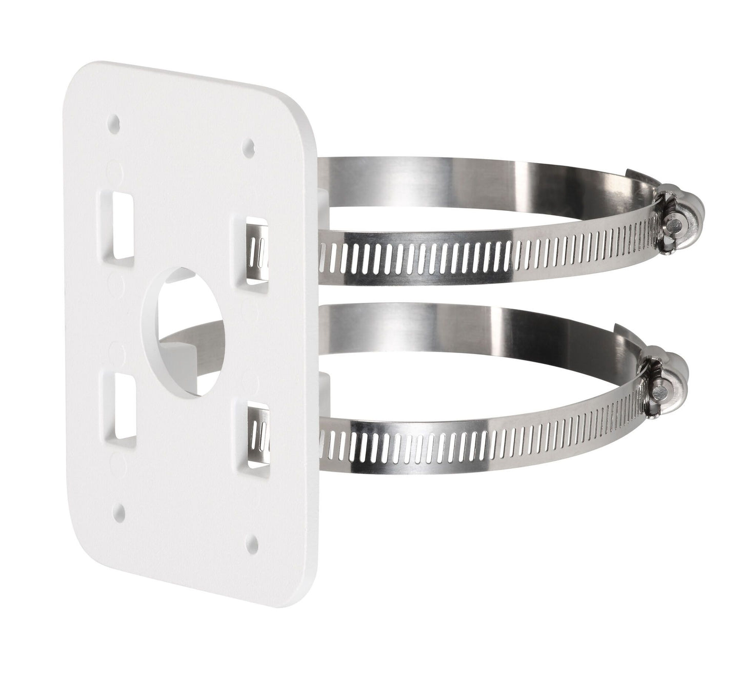 Witte Dahua PFA152A-E anti-corrosie paalmontagebeugel van SECC-staal met twee metalen bevestigingsringen.