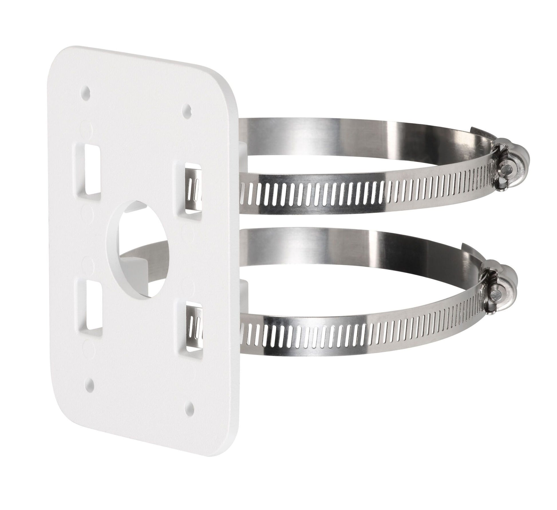Witte Dahua PFA152A-E anti-corrosie paalmontagebeugel van SECC-staal met twee metalen bevestigingsringen.