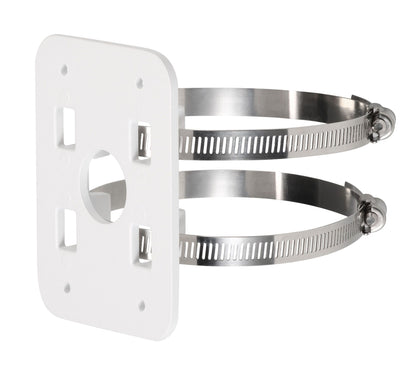 Witte Dahua PFA152A-E anti-corrosie paalmontagebeugel van SECC-staal met twee metalen bevestigingsringen.