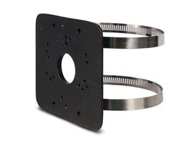 Zwarte Dahua PFA152B V2 paalmontagebeugel van SECC-staal met twee metalen bevestigingsbanden voor cameramontage.