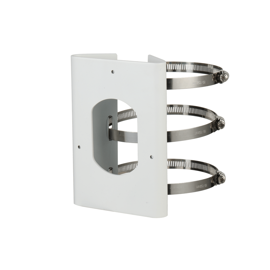 Witte Dahua PFA154 paalmontagebeugel van roestvrij staal met drie verstelbare metalen slangklemmen.