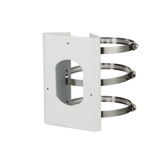 Witte Dahua PFA154 paalmontagebeugel van roestvrij staal met drie verstelbare metalen slangklemmen.