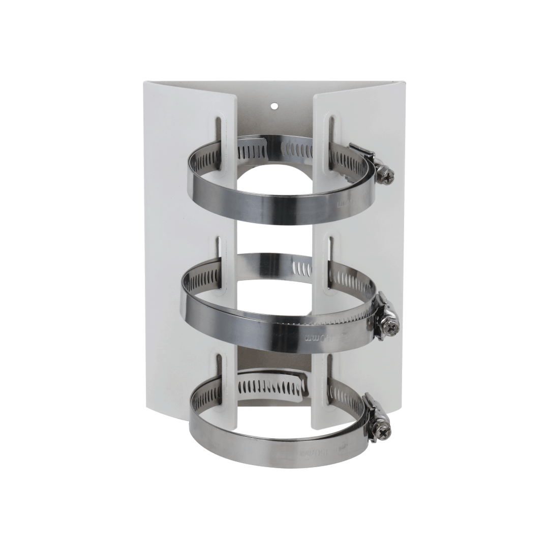 Witte Dahua PFA155A anti-corrosie paalmontagebeugel van roestvrij staal met drie verstelbare metalen klemmen.
