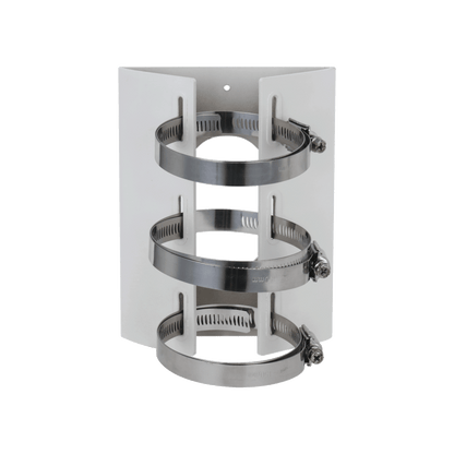 Witte Dahua PFA155A anti-corrosie paalmontagebeugel van roestvrij staal met drie verstelbare metalen klemmen.