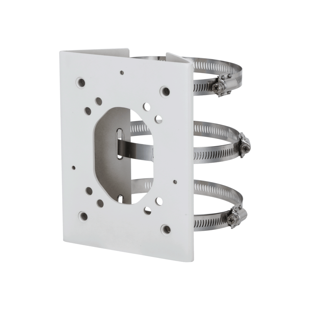 Witte Dahua PFA155A anti-corrosie paalmontagebeugel van roestvrij staal met drie verstelbare metalen klembanden.