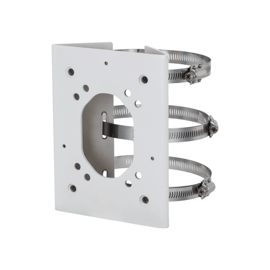 Witte Dahua PFA155A anti-corrosie paalmontagebeugel van roestvrij staal met drie verstelbare metalen klembanden.