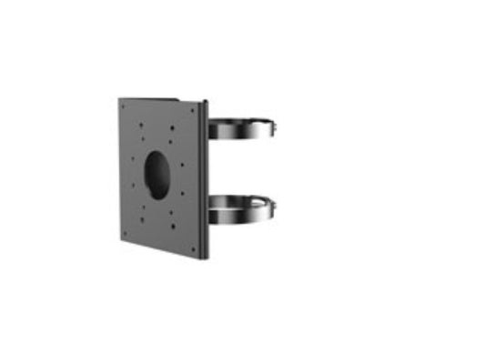 Zwarte aluminium Dahua PFA156-B paalmontagebeugel met metalen bevestigingsringen voor beveiligingscamera's.