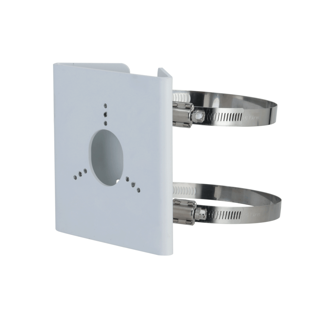 Witte aluminium Dahua PFA157 paalmontagebeugel met twee metalen slangklemmen voor camerabevestiging.