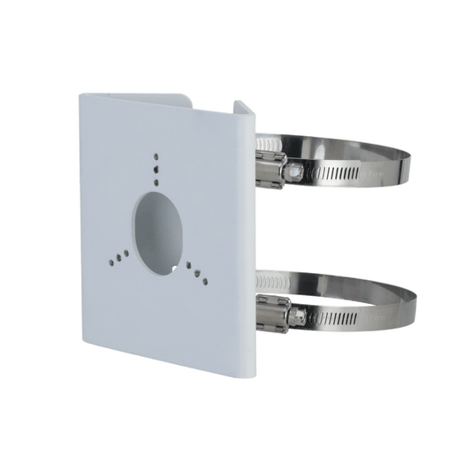 Witte aluminium Dahua PFA157 paalmontagebeugel met twee metalen slangklemmen voor camerabevestiging.