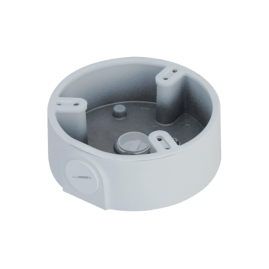 Witte, ronde aluminium montagebox voor Dahua dome camera's met een diameter van 129 mm voor buitenmontage.