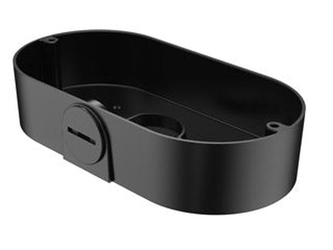 Zwarte aluminium Dahua PFA2340X-B junction box voor camera's met kabeluitlaten en een robuust, ovaal ontwerp.