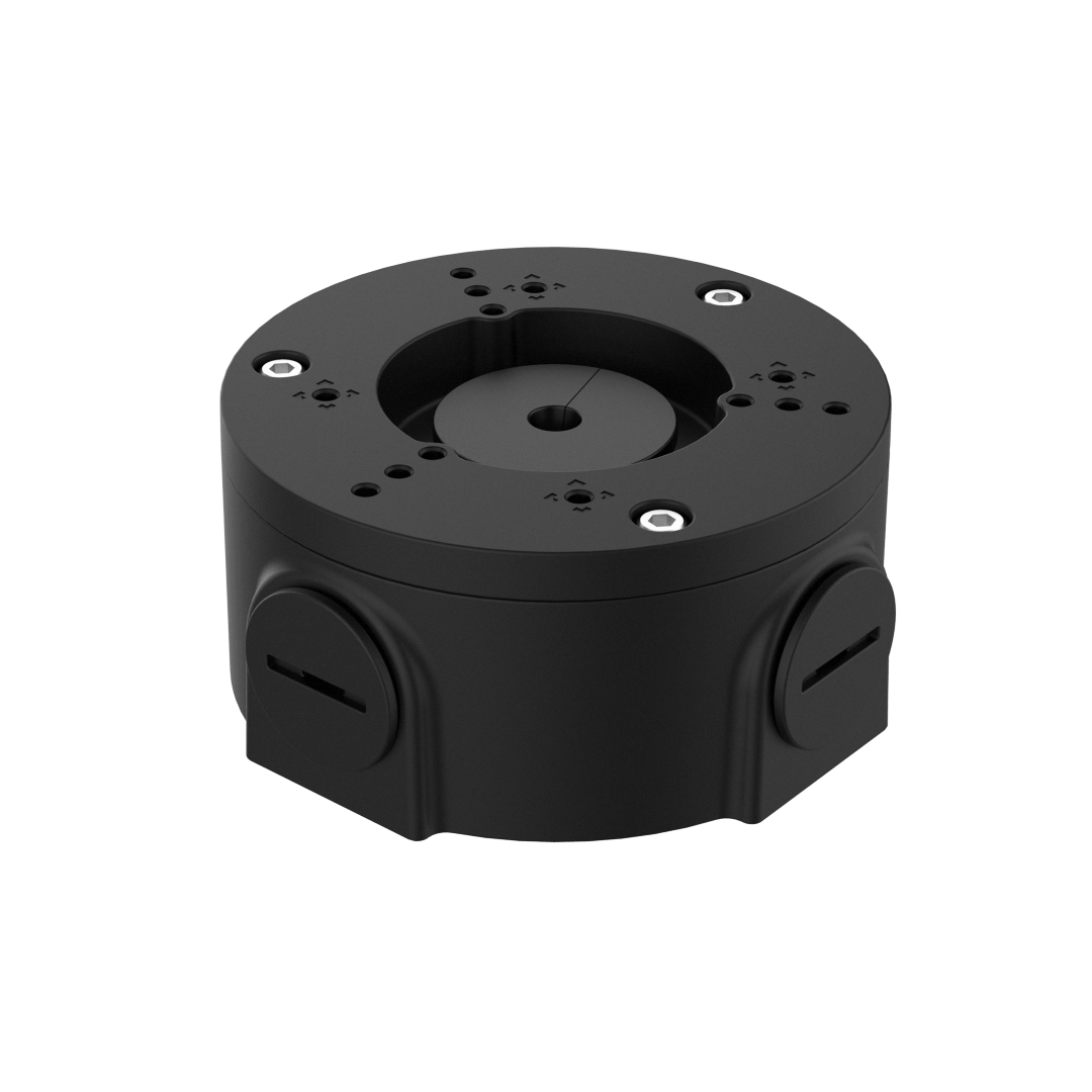 Zwarte aluminium Dahua PFA3300R-B junction box voor dome camera's met kabeluitlaten en IP66 behuizing.