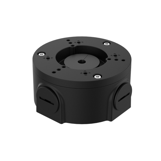 Zwarte aluminium Dahua PFA3300R-B junction box voor dome camera's met kabeluitlaten en IP66 behuizing.