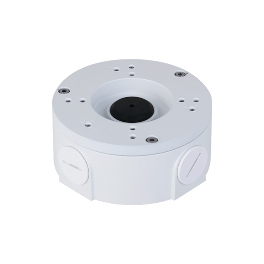 Witte Dahua PFA3310R aluminium junction box voor dome camera's met kabeluitlaten en IP66 bescherming.