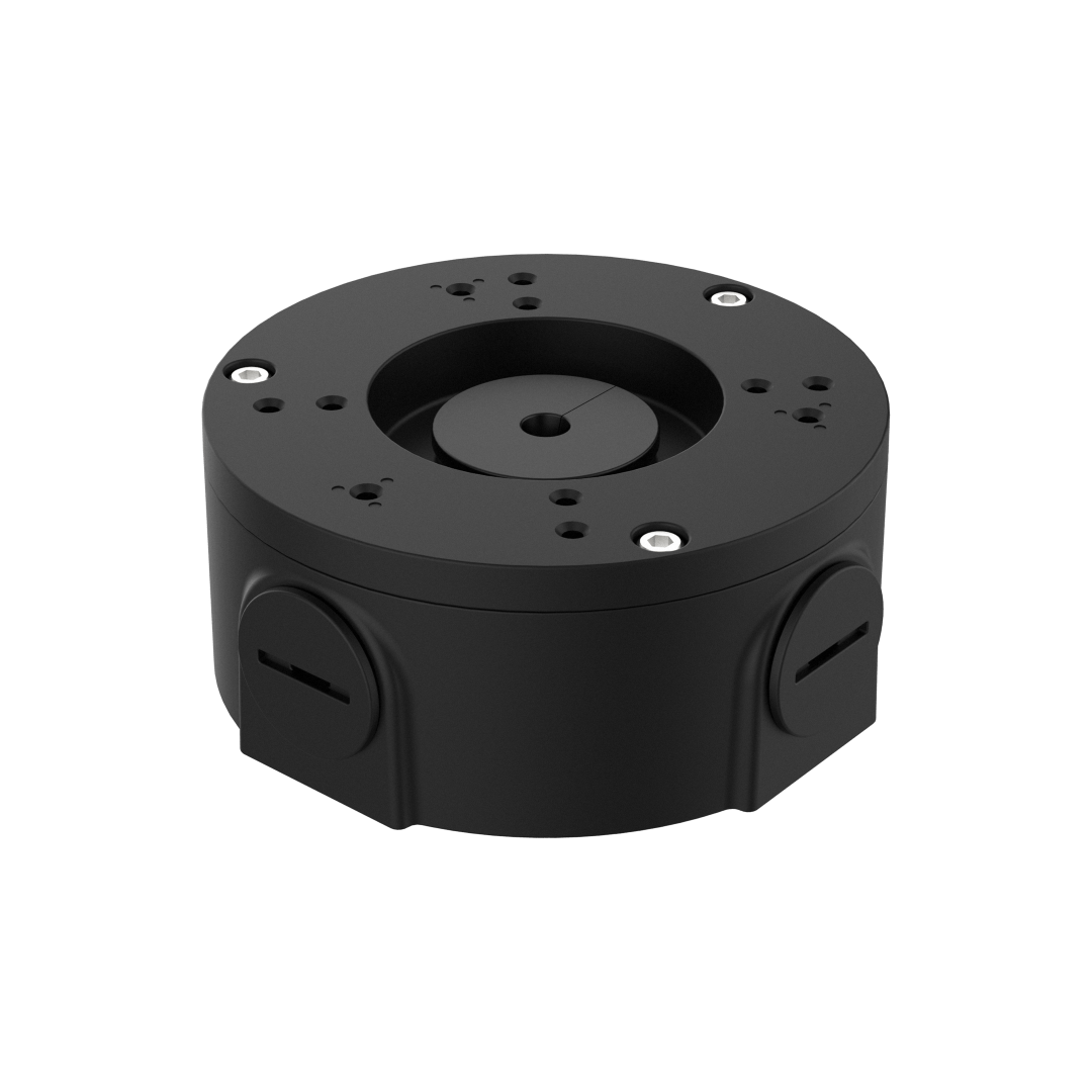 Zwarte Dahua PFA3310R aluminium junction box voor IP-camera's met kabeluitgangen en IP66-bescherming.