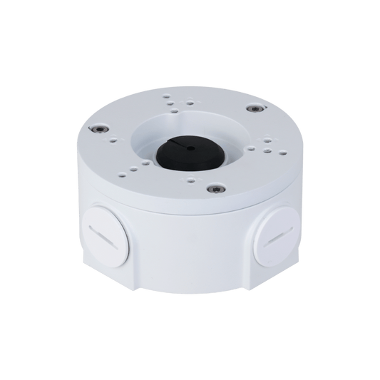 Witte Dahua PFA3310RA aluminium junction box voor dome camera's met IP66-bescherming en kabeluitlaten.