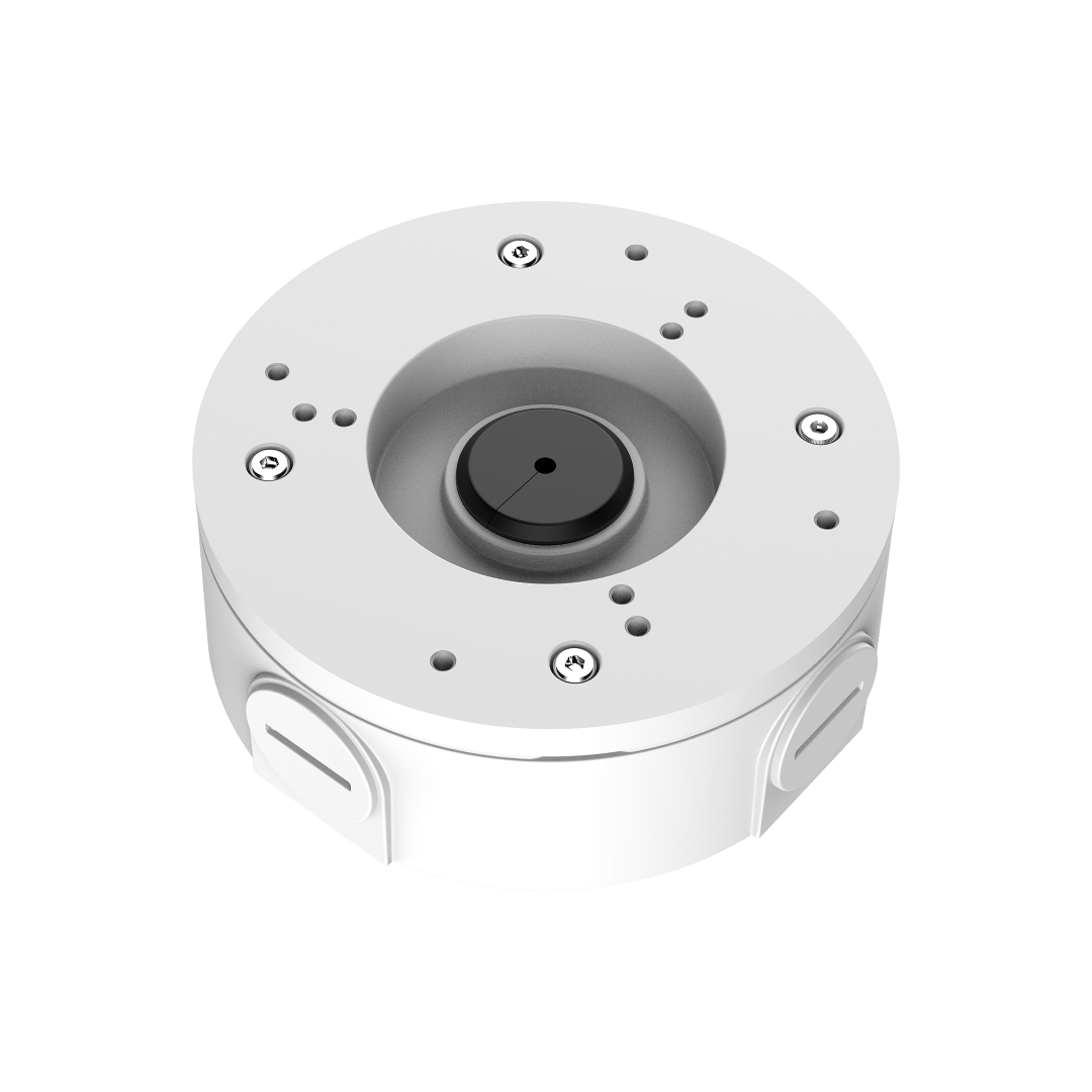 Witte aluminium Dahua PFA5300R junction box voor dome camera's met ronde behuizing en kabeldoorvoer.