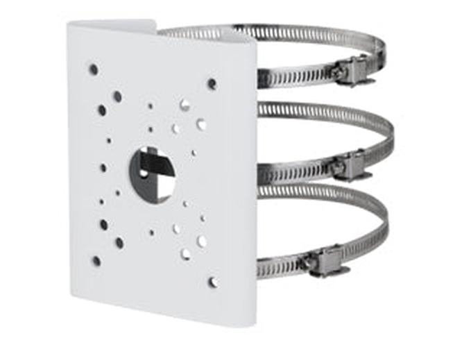 Grijze Dahua PFA5510H-SG paalmontagebeugel met drie metalen slangklemmen voor beveiligingscamera's.