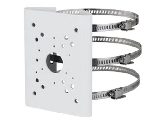 Grijze Dahua PFA5510H-SG paalmontagebeugel met drie metalen slangklemmen voor beveiligingscamera's.