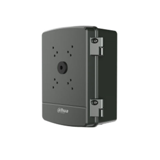 Zwarte Dahua PFA6400S waterdichte aluminium voedingskast voor PTZ- en IP-camera's met scharnierdeur.