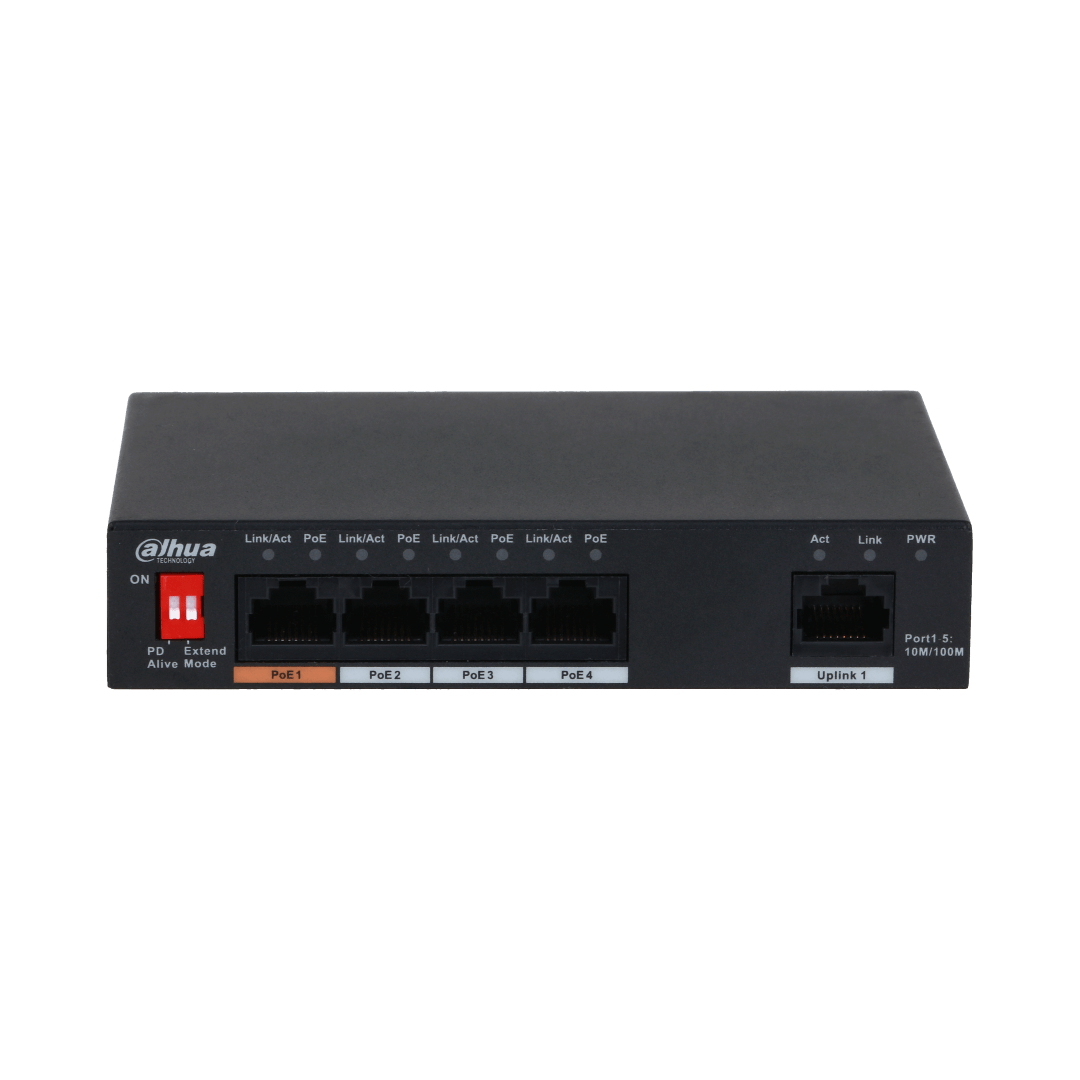 Zwarte Dahua PFS3005-4ET-60 desktopswitch met vier PoE-poorten, één uplink-poort en een rode PoE-watchdogschakelaar.