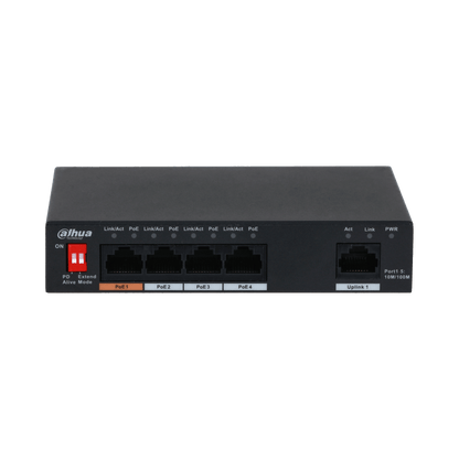Zwarte Dahua PFS3005-4ET-60 desktopswitch met vier PoE-poorten, één uplink-poort en een rode PoE-watchdogschakelaar.