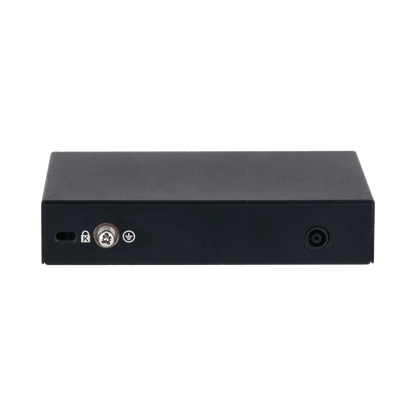 Zwarte metalen behuizing van Dahua PFS3005-4ET-60 switch met Kensington-slot, aardingspunt en voedingsaansluiting.