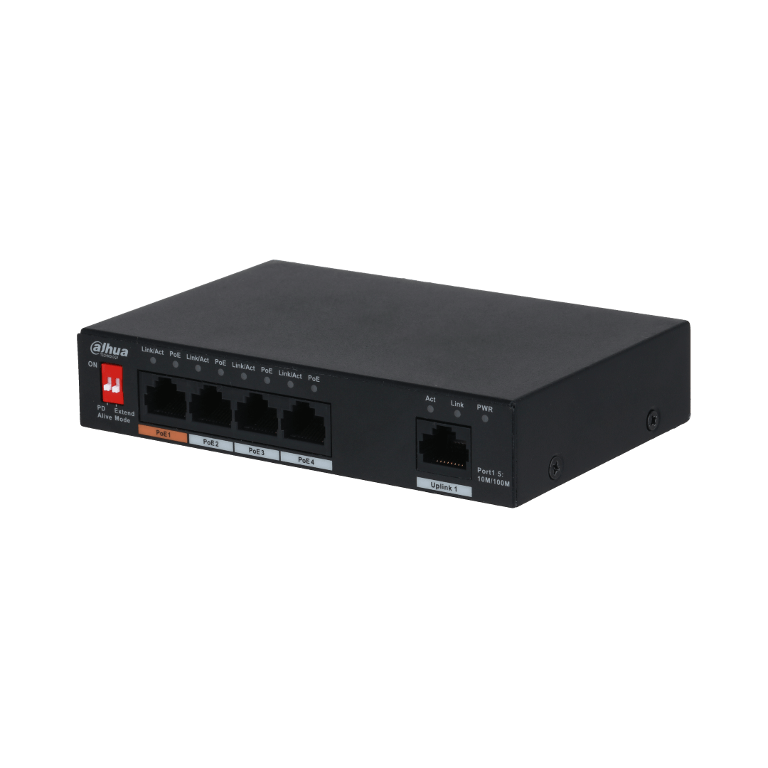 Zwarte Dahua PFS3005-4ET-60 desktopswitch met vier PoE-poorten, één uplink-poort en een rode Extend Mode-schakelaar.