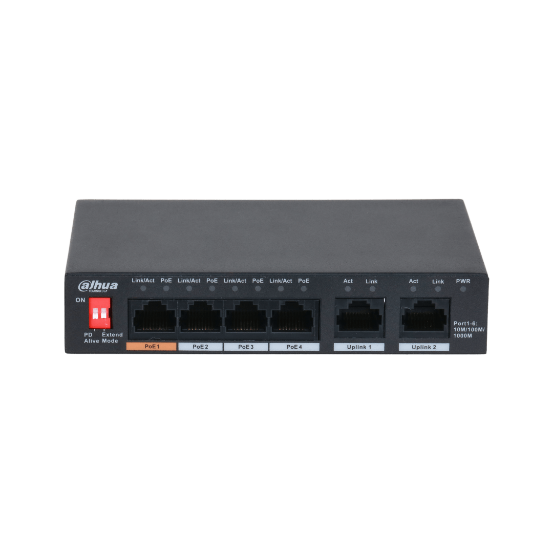 Zwarte Dahua desktopswitch met 4 PoE-poorten, 2 uplink-poorten en rode extend-schakelaars op een metalen behuizing.