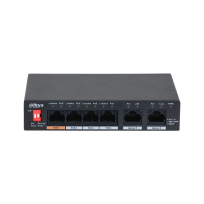 Zwarte Dahua desktopswitch met 4 PoE-poorten, 2 uplink-poorten en rode extend-schakelaars op een metalen behuizing.