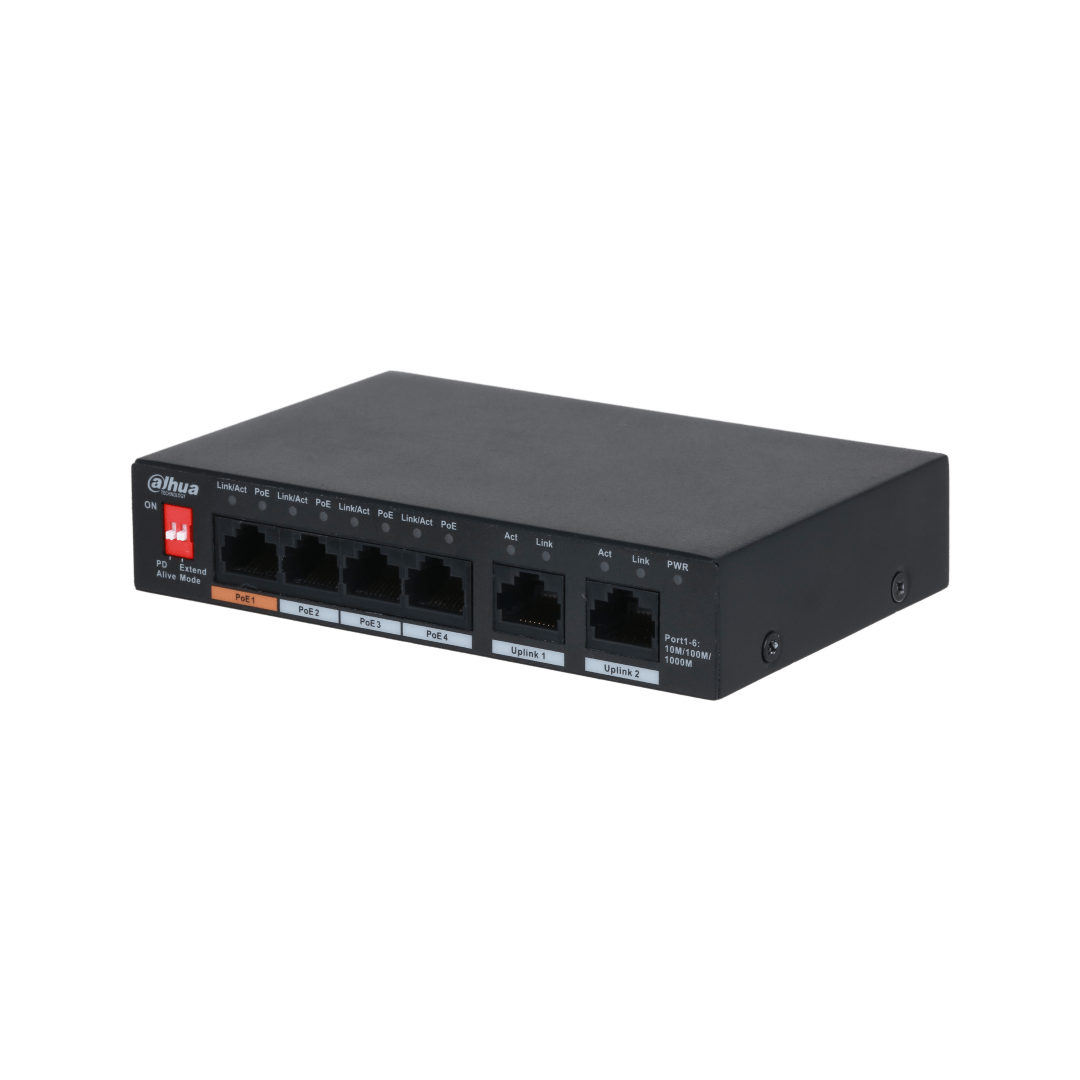 Zwarte Dahua PFS3006-4GT-60-V2 desktopswitch met vier PoE-poorten, twee uplink-poorten en een oranje Hi-PoE-poort.