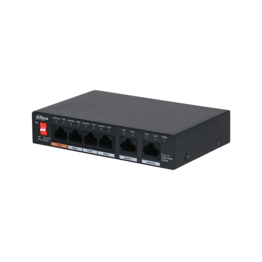 Zwarte Dahua PFS3006-4GT-60-V2 desktopswitch met vier PoE-poorten, twee uplink-poorten en een oranje Hi-PoE-poort.