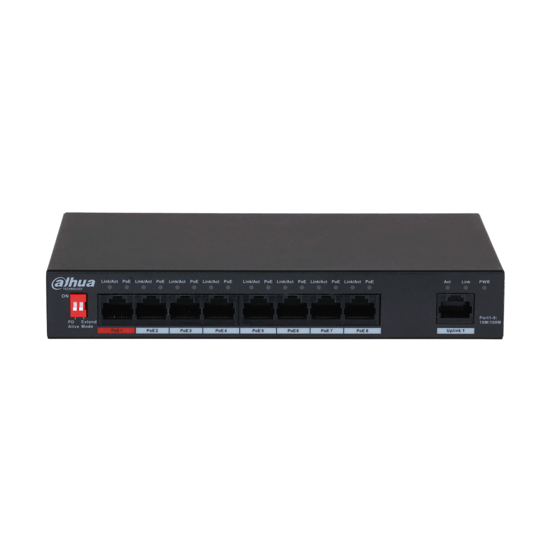 Zwarte Dahua 9-poorts PoE-switch met acht 10/100 Mbps poorten, één uplink-poort en een rode Extend Mode-schakelaar.