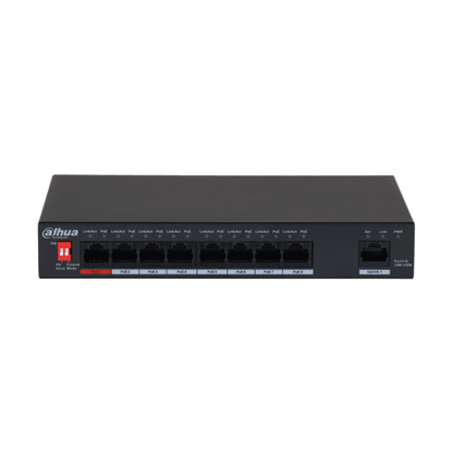 Zwarte Dahua 9-poorts PoE-switch met acht 10/100 Mbps poorten, één uplink-poort en een rode Extend Mode-schakelaar.